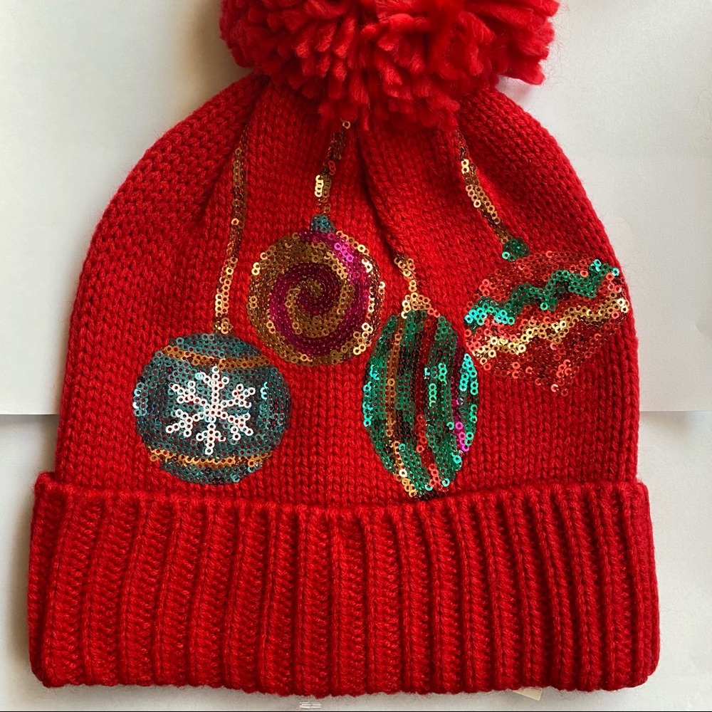 Charter Club Sequined Mixed Baubles Beanie Hat Red
